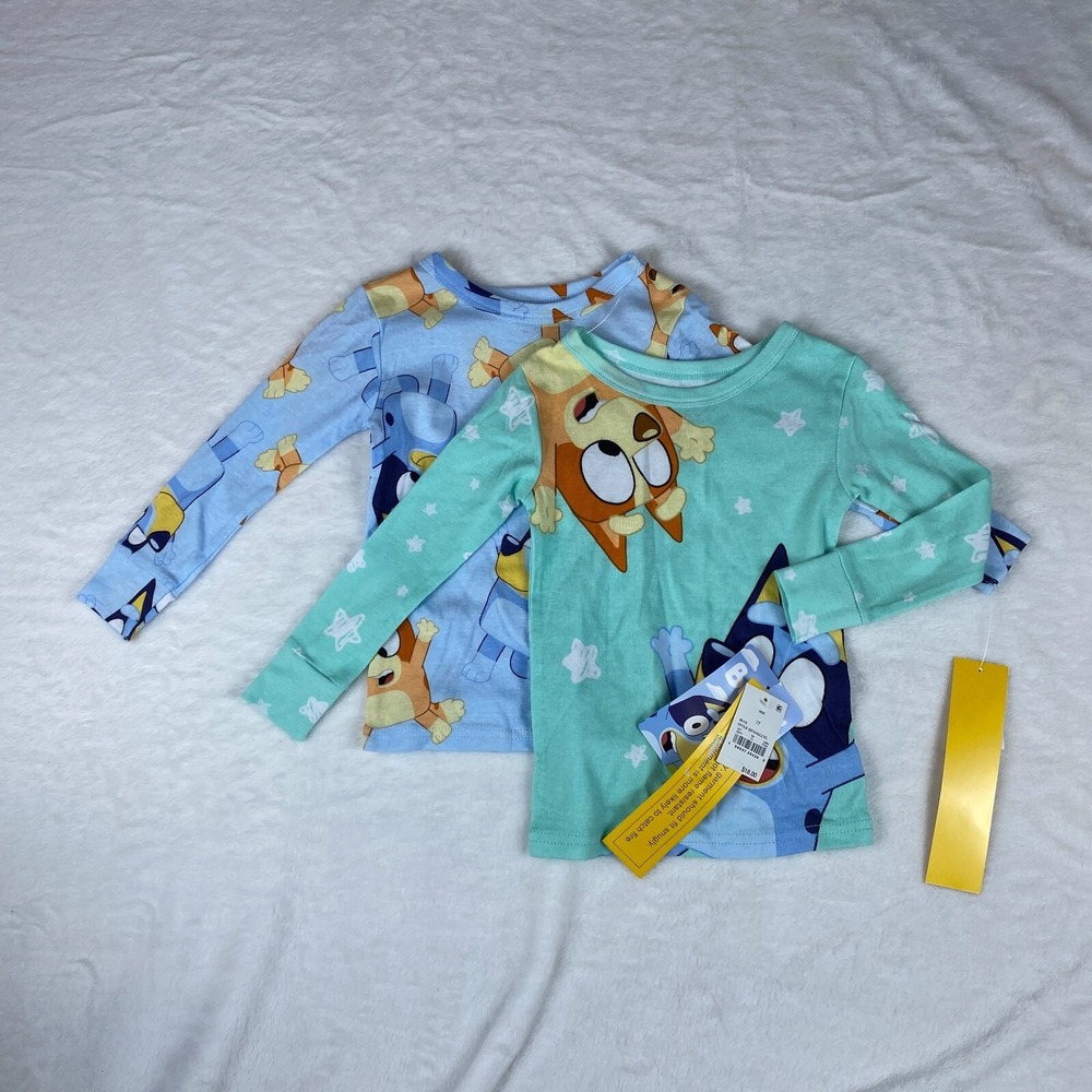 Bluey Lot of 2‎ Pajama Top Boys 3T Blue Green Dog Graphic Snug Fitting Crew Neck